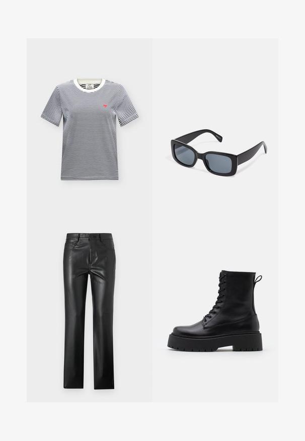 Camiseta blanca de manga corta con finas rayas horizontales negras y un pequeño corazón rojo bordado en el pecho izquierdo.; Pantalones de cuero negro con un diseño de pierna recta, que cuentan con bolsillos frontales, cierre de botón y una textura suave y brillante.; Botas de cuero negras hasta el tobillo con punta redonda, cordones en la parte delantera y una suela de goma gruesa con un dibujo texturizado. Tirador en la parte trasera.; Gafas de sol rectangulares negras con lentes oscuros, montura de plástico grueso y patillas anchas. Superficie lisa y diseño anguloso.