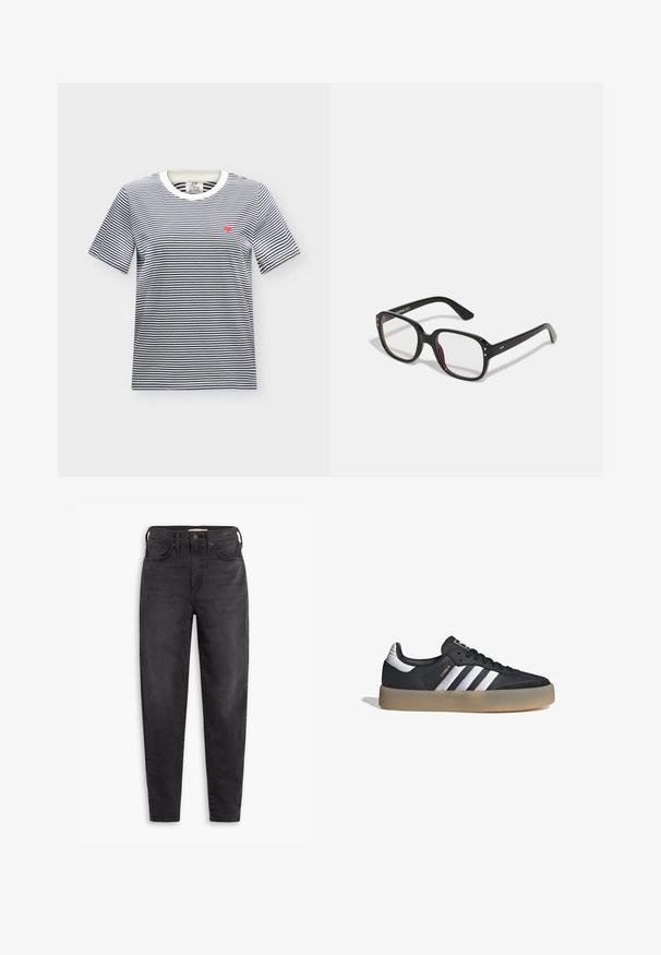 Camiseta blanca de manga corta con finas rayas horizontales negras y un pequeño corazón rojo bordado en el pecho izquierdo.; Jeans ajustados de talle alto y color negro, con bolsillos delanteros y traseros, cierre de botón y pasadores para cinturón, exhibidos sobre un fondo blanco.; Zapatilla deportiva de cuero negro con tres rayas plateadas, punta texturizada y suela de goma. Cuenta con un collar acolchado y un diseño con cordones.; Gafas rectangulares negras con lentes transparentes, con bordes redondeados y acentos laterales, con un acabado brillante en el marco y las patillas.