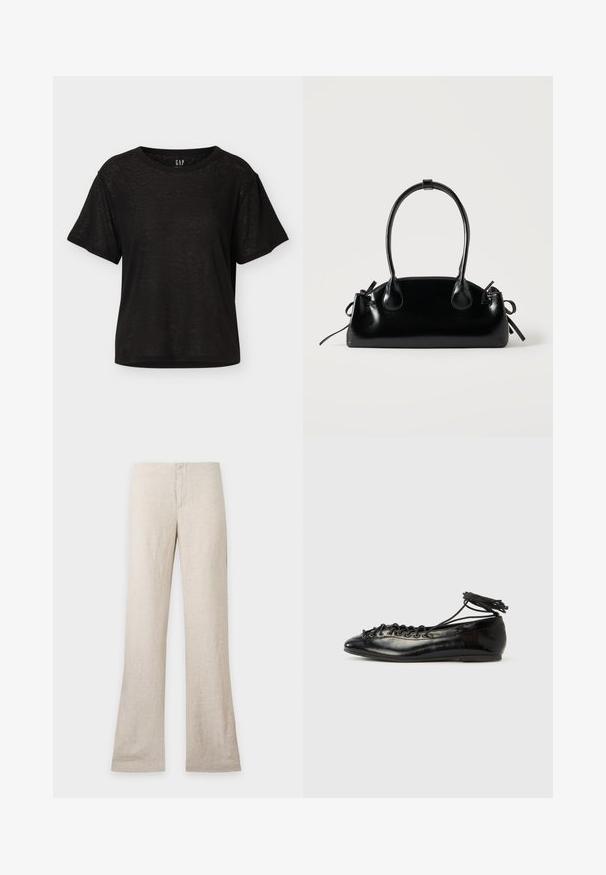 T-shirt noir à manches courtes avec col rond, coupe décontractée et texture subtile, présenté sur un fond clair uni.; Pantalon en lin beige à jambe droite et fermeture avant dissimulée, présenté à plat sur un fond clair uni. Pas de poches ni de détails visibles.; Ballerines en cuir verni noir avec un bout rond, un design à lacets et une semelle plate. Texture lisse avec peu de détails.; Petit sac à main noir brillant avec deux longues anses et des détails à cordon sur les côtés sur un fond clair uni.