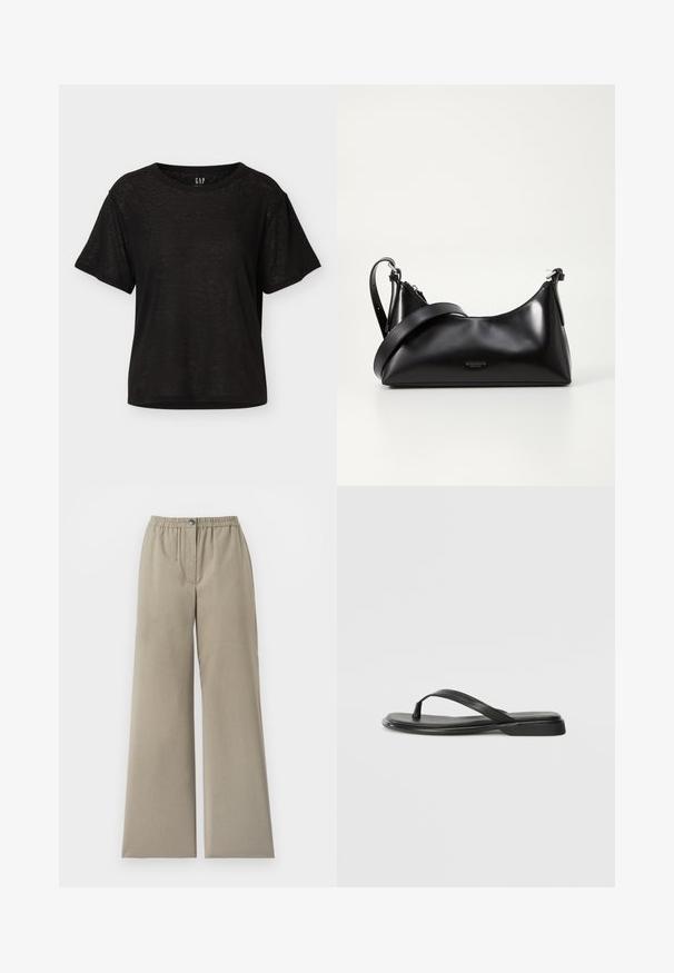 T-shirt noir à manches courtes avec col rond, coupe décontractée et texture subtile, présenté sur un fond clair uni.; Pantalon beige à jambes larges avec taille élastique et fermeture par bouton, tissu lisse, détail de couture à l'avant, sur fond blanc.; Tongs noires en cuir lisse, avec un design de sangle fine et une semelle plate à profil minimal. Aucun motif ou accent notables.; Sac à main en cuir noir avec une texture lisse. Dispose d'une bandoulière adjustable et d'un design élégant et minimaliste avec une fermeture éclair.