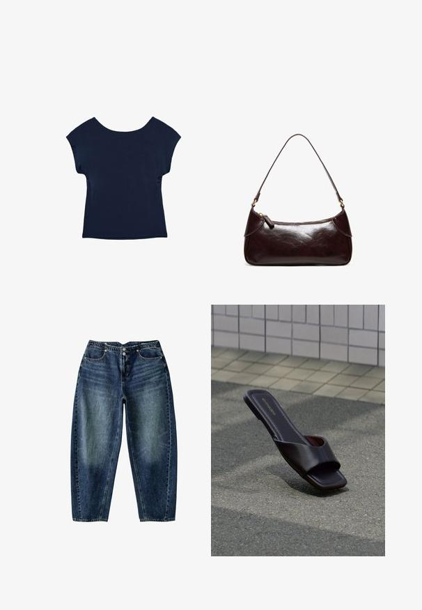 Haut bleu marine à manches courtes avec un large décolleté et une coupe décontractée. Texture lisse, design jusqu'à la hanche, sans motifs ni éléments visibles.; Jean denim bleu foncé avec une coupe décontractée, poches avant, fermeture par bouton et détails subtils délavés aux cuisses et aux genoux.; Sandale slide marron foncé à bout carré et large bride, posée sur un goudron gris près d'un trottoir carrelé.; Sac à bandoulière en cuir marron foncé avec une seule sangle et une fermeture éclair, forme rectangulaire avec des bords arrondis sur fond blanc.
