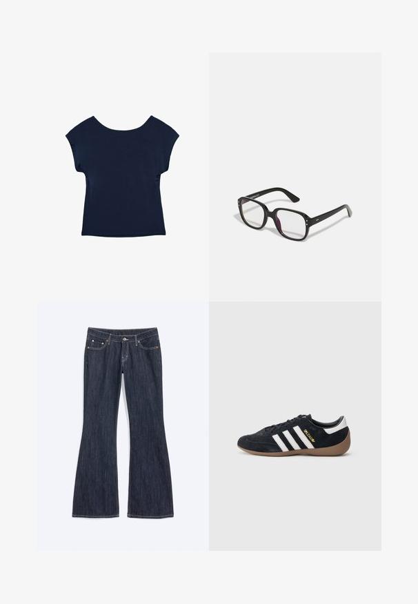 Haut bleu marine à manches courtes avec un large décolleté et une coupe décontractée. Texture lisse, design jusqu'à la hanche, sans motifs ni éléments visibles.; Jean en denim bleu foncé avec un léger évasement en bas, doté de poches avant, d’un bouton et de détails de couture visibles.; Baskets en daim noir avec trois bandes blanches, semelle en caoutchouc beige, et un petit logo doré sur le côté. Dotées d'une doublure intérieure noire lisse.; Lunettes noires rectangulaires avec des verres transparents, présentant des bords arrondis et des accents sur les côtés, avec une finition brillante sur la monture et les branches.