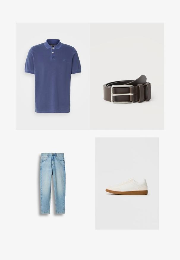 Marineblaue Polohemd aus Baumwolle, mit einer Knopfleiste mit drei Knöpfen, kurzen Ärmeln und einem kleinen Logo auf der Brust. Einfaches Design.; Hellblaue Straight-Leg-Denim-Jeans mit fünf Taschen und Knopfverschluss, vor weißem Hintergrund präsentiert.; Weißer Sneaker mit einer Wildleder-Zehenkappe, glattem Synthetik-Obermaterial und einer sandfarbenen Gummisohle. Verfügt über Perforationen an den Seiten für Atmungsaktivität.; Brauner Ledergürtel mit einer silbernen Metallschnalle, der über eine glatte Textur und ein schlichtes Design verfügt. Enthält eine Schlaufe für Anpassung und Befestigung.