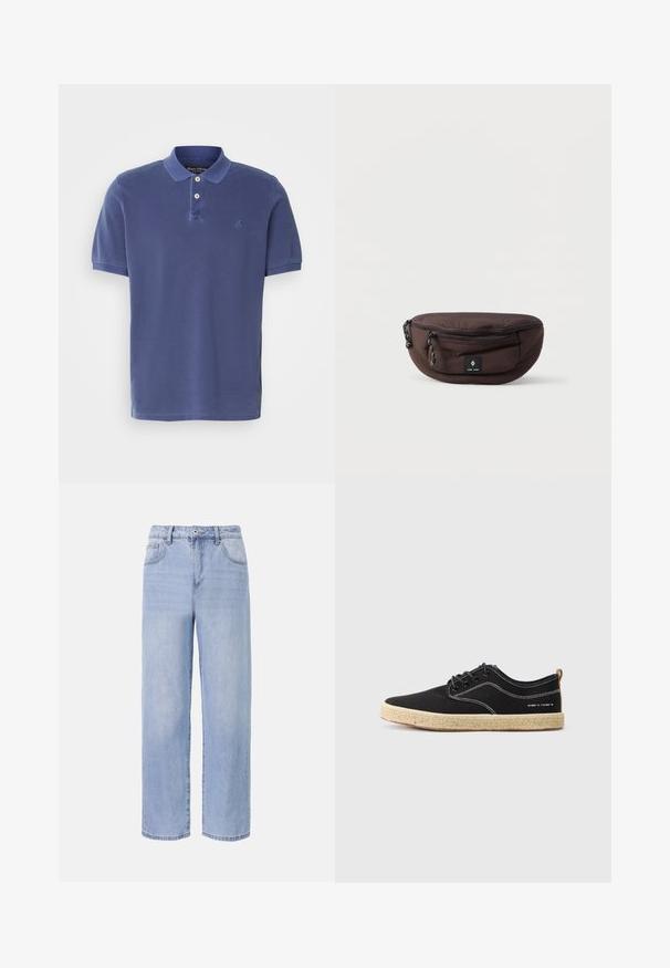 Marineblå polo skorte lavet af bomuld, med en tre-knaps knapstående, korte ærmer og et lille logo på brystet. Simpelt design.; Lyseblå denimjeans med et afslappet, bredbenet design. Funktioner inkluderer fem lommer, en frontknaplukning og diskret falmning.; Sorte lærredssko med hvid syning, rund tå og en tekstureret lysebrun espadrille-sål. Har sorte snørebånd og en brun hæltab.; Brun lynlås-pung med en afrundet form, der har en tekstureret overflade, sort hardware og et lille logo-merke på forsiden.