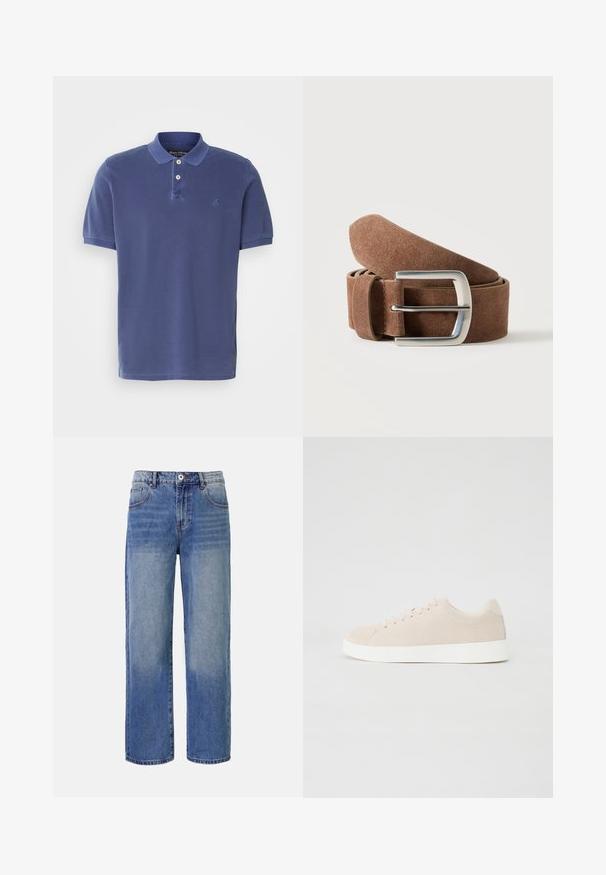 Marineblå polo skorte lavet af bomuld, med en tre-knaps knapstående, korte ærmer og et lille logo på brystet. Simpelt design.; Lys blå denim bred benjeans med et falme mønster, fem lommer og lynlås i gylpen. Har en knap og bæltestropper i taljen.; Beige ruskindsneakers med hvide gummisåler, rund tå og seks snøringshuller. Glat tekstur med minimalisk design.; Brunt ruskindsbælte rullet med en sølvfarvet rektangulær metalspænde på en ensartet lys baggrund.