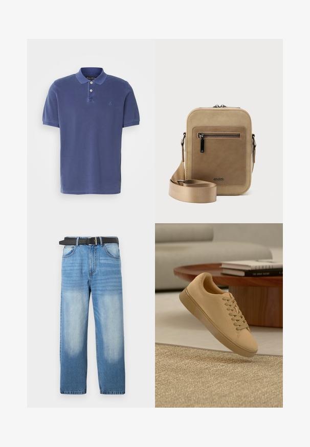 Marineblå polo skorte lavet af bomuld, med en tre-knaps knapstående, korte ærmer og et lille logo på brystet. Simpelt design.; Lys blå denim jeans med lige ben, udstyret med et sort bælte, falmede pletter og subtil diagonalt mønster i den øverste sektion.; Beige snørestøvler, der svæver over et tekstureret tæppe med et træ sofabord og stablede bøger i en sløret baggrund.; Lille beige crossbody-taske med lynlåslomme foran, metal ALDO-logo, justerbar bred rem og rundet rektangulær form på hvid baggrund.