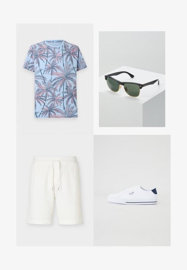 T-shirt bleu clair à manches courtes avec un motif intégral de palmiers rose et bleu marine.; Short blanc en coton avec taille élastique et cordon, longueur genou avec une coupe décontractée et ample.; Baskets en toile blanches avec un accent de talon marine, semelle en caoutchouc plate, bout rond et lacets blancs. Présente un logo sur le côté.; Lunettes de soleil Ray-Ban avec des verres verts, monture en plastique noir et accents dorés sur les bords. Forme carrée avec une finition mate.