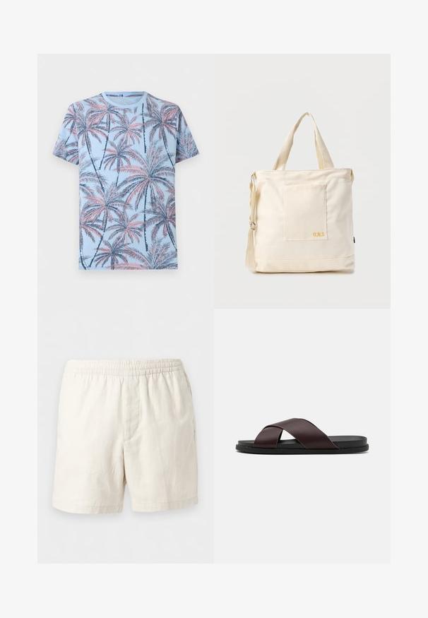 T-shirt bleu clair à manches courtes avec un motif intégral de palmiers rose et bleu marine.; Shorts décontractés blanc cassé avec taille élastique, jambes droites et texture de tissu lisse.; Sandale à glissière à lanières croisées de couleur marron, dotée d'une finition mate, d'une semelle noire plate et d'une texture lisse. Design minimaliste sans matériel visible.; Sac fourre-tout en toile crème avec poche avant, deux poignées, bandoulière réglable et petit texte jaune "O.N.S" en bas à droite de la poche.