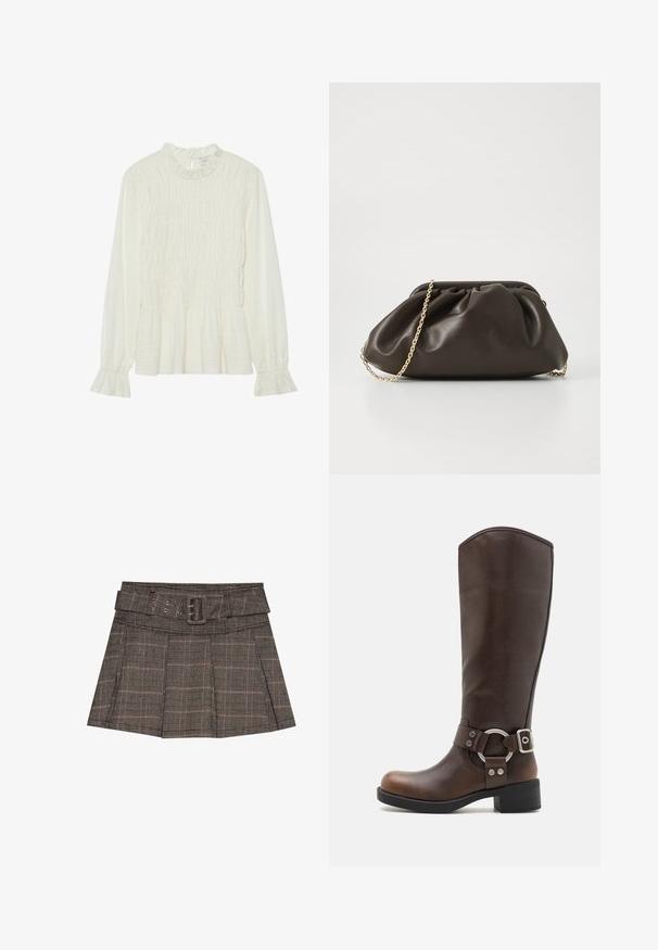 Blouse blanche à manches longues avec un col volanté, un corps smocké et des poignets évasés, fabriquée à partir d'un tissu texturé avec un ourlet peplum.; Jupe mini à carreaux en noir, brun et beige. Comprend une taille ceinturée, des plis et un tissu texturé avec un motif géométrique.; Botte en cuir marron hauteur genou avec un accent en métal rond et une boucle. Tige légèrement texturée, talon empilé et design à bout rond.; Sac à main en cuir marron avec un design froncé, une bandoulière en chaîne dorée et une finition douce et texturée. Sa forme compacte est idéale pour une utilisation en soirée.