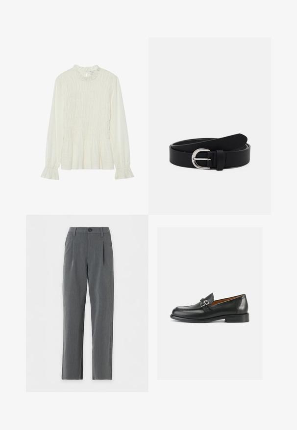 Blusa blanca de manga larga con cuello volantes, cuerpo fruncido y puños acampanados, fabricada en tela texturizada con un dobladillo en peplum.; Pantalones de vestir grises de corte recto con trabillas para cinturón, cierre delantero con botones y pliegues cerca de la cintura sobre un fondo blanco.; Mocasines de cuero negro con un diseño bordado, con un detalle de doble hebilla y un tacón ligeramente elevado para añadir altura.; Cinturón de cuero negro con una hebilla redonda plateada, diseño plano, extremo cónico, textura suave y estilo minimalista.