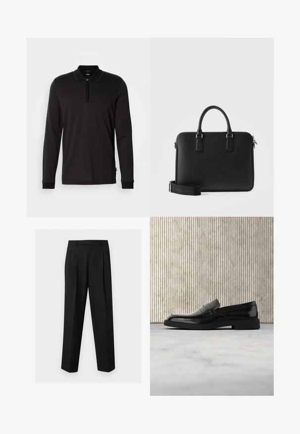 Schwarz, langärmliges Poloshirt mit Reißverschluss-Kragen, strukturierten Stoff mit einem subtilen geometrischen Muster und kontrastierenden Bündchen.; Schwarze, maßgeschneiderte Hose mit geraden Beinen, Falten an der Taille, Gürtelschlaufen und seitlichen Eingrifftaschen mit Schlitz, dargestellt vor einfachem Hintergrund.; Schwarzer, polierter Lederloafer, der über einem beigen Teppich schwebt, mit orangener, durchscheinender Möbel im Hintergrund.; Schwarze Lederaktentasche mit zwei Griffen, abnehmbarem Schulterriemen und Reißverschluss oben, vor einem schlichten hellen Hintergrund.