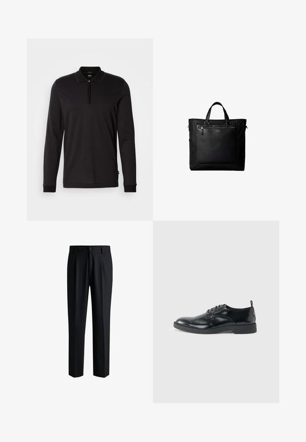 Camisa polo negra de manga larga con cuello con cremallera, tejido texturizado con un sutil patrón geométrico y puños de contraste.; Pantalones negros de tela suave, con un diseño de pierna recta, pliegues en la parte delantera y cierre de botón con trabillas para cinturón.; Zapato de vestir negro de cuero brillante con tacón bajo, cierre de cordones y puntera redonda, mostrado de lado sobre un fondo claro y liso.; Bolsa tote negra con asas dobles, gran bolsillo delantero de cuero con cremallera y sutil logo de Calvin Klein en el centro del bolsillo.