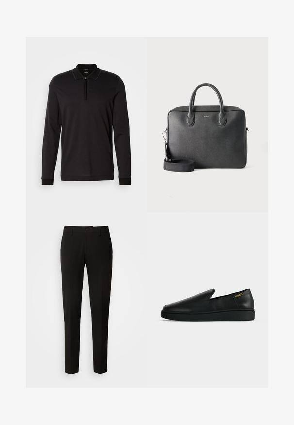 Schwarz, langärmliges Poloshirt mit Reißverschluss-Kragen, strukturierten Stoff mit einem subtilen geometrischen Muster und kontrastierenden Bündchen.; Schwarze Hose mit geradem Beinschnitt, ausgestattet mit einem Knopfverschluss, Gürtelschlaufen und glattem Stoff. Keine sichtbaren Muster oder Akzente.; Ein einzelner schwarzer Lederschuh zum Hineinschlüpfen mit dicker Sohle und "HUGO" Branding in Gold nahe der Ferse auf einem einfarbigen hellgrauen Hintergrund.; Schwarze Lederaktentasche mit zwei oberen Griffen, abnehmbarem Schulterriemen und kleinem BOSS-Logo mittig vorne auf einfarbigem Hintergrund.