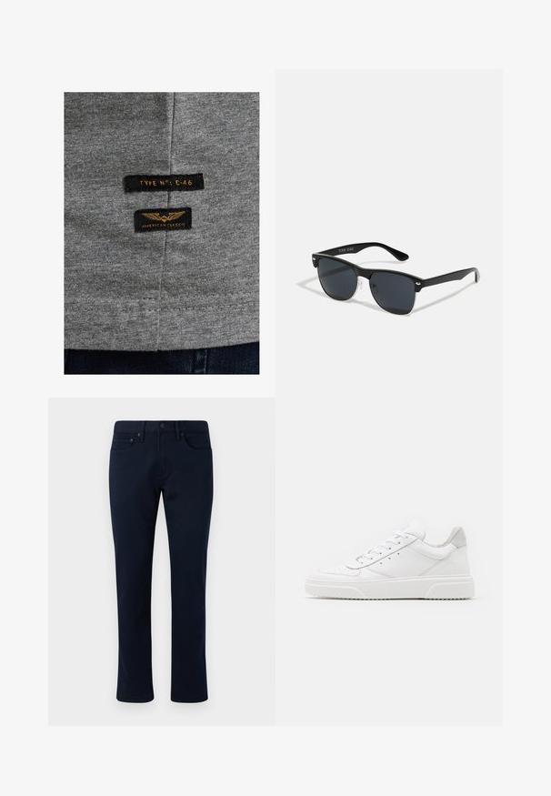 Grauer Baumwollstoff mit zwei schwarzen Etiketten. Auf einem Etikett steht "TYPE N°: C-46" und auf dem anderen "AMERICAN CLASSIC" mit goldener Stickerei.; Marineblaue Jeanshose mit slim-fit-Schnitt, ausgestattet mit einem klassischen Fünf-Taschen-Design und dezenten Nähakzenten. Glatte Textur ohne Verzierungen.; Weiße Leder-Sneaker mit glatter Oberfläche, rundem Zehenbereich, flachen Schnürsenkeln und strukturiertem Schuhsohlen. Graues Wildleder-Detail an der Ferse.; Schwarze Sonnenbrille mit rechteckiger Form, dunklen Gläsern, silbernen Akzenten an den Bügeln und mattierter Oberfläche des Rahmens.