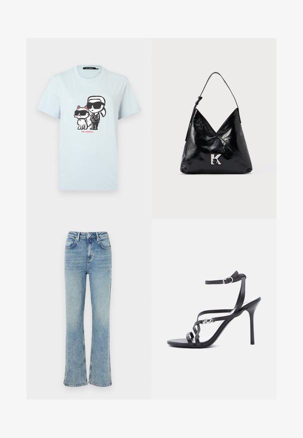 Hellblaues Baumwoll-T-Shirt mit einem grafischen Design von einer Person und einer Katze in Sonnenbrillen. Der Text "KARL LAGERFELD" ist in rot darunter aufgedruckt.; Helle blaue Schlagjeans aus Denim, mit Knopfverschluss, fünf Taschen und dezentem Verblassen für einen used Look.; Schwarze Sandalette mit hohem Absatz, dünnen Riemen, einem Schnallenverschluss am Knöchel und einem Metall-Logodetail am seitlichen Riemen, vor weißem Hintergrund.; Schwarze Schultertasche aus Lackleder mit einem einzelnen Riemen und silbernem "K"-Logo vorne vor einem schlichten hellen Hintergrund.
