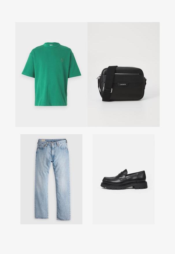 T-shirt en coton vert avec un col rond, des manches courtes et une lettre "S" brodée sur la poitrine gauche. Texture douce, coupe décontractée.; Jean en denim bleu clair avec une coupe droite, design à cinq poches, légères usures et couture contrastée. Fermeture par bouton et zip.; Mocassin en cuir noir avec semelle épaisse crantée et détail de bride penny, présenté en profil droit sur fond blanc.; Sac messenger noir en matériau synthétique texturé, quincaillerie argentée, bandoulière réglable, avec plaque logo à l'avant et fermeture éclair.