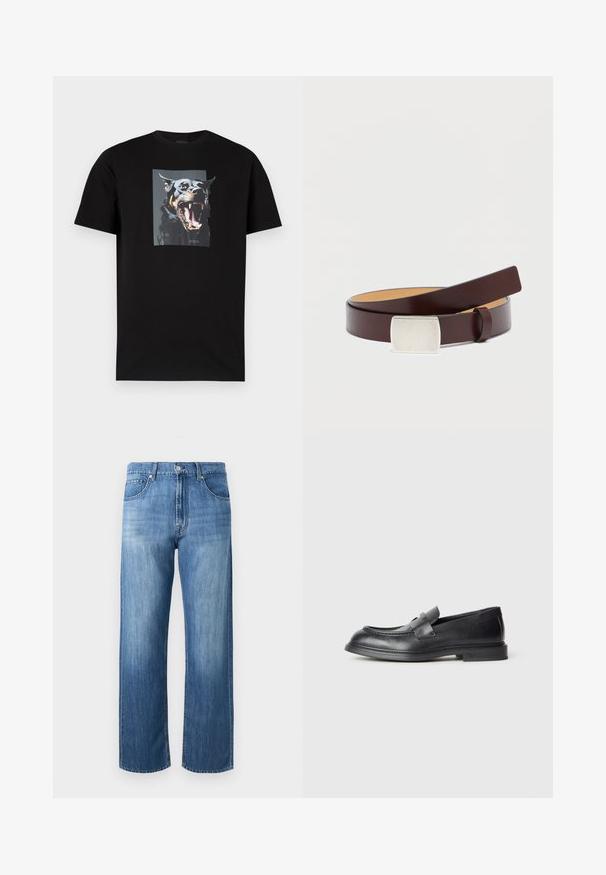 T-shirt en coton noir avec un grand graphisme d'un chien qui aboie sur le devant. Col rond, manches courtes.; Jean en denim bleu droit avec poches avant, passants pour ceinture, fermeture à boutons et zones légèrement décolorées sur les cuisses et les genoux.; Mocassins en cuir noir avec une finition texturée, dotés d'une bride décorative à l'avant et d'un bout arrondi. Semelle en caoutchouc pour plus de durabilité.; Ceinture en cuir marron avec une boucle rectangulaire en argent, texture lisse et doublure intérieure plus claire contrastante. Design simple et classique.