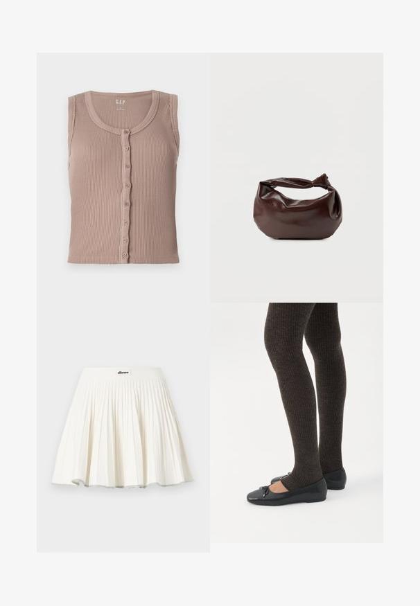 Débardeur en maille marron avec un col rond et un devant à boutons, présentant des rayures texturées horizontales et sans manches. Fabriqué en tissu doux.; Jupe de tennis plissée blanche avec une large ceinture arborant un petit patch logo ellesse au centre devant.; Jambes portant des leggings côtelés foncés associés à des ballerines noires avec de petits détails en nœud sur fond blanc.; Sac bandoulière en cuir marron foncé avec une forme souple et décontractée et une anse nouée torsadée sur un fond blanc uni.