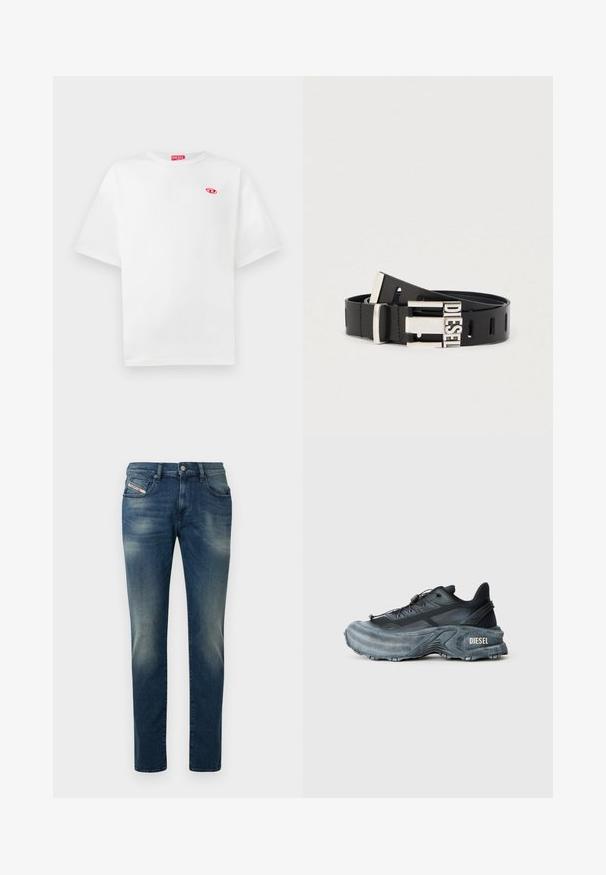 Camiseta de algodón blanca con mangas cortas, cuello redondo y etiqueta del logo "DIESEL" en rojo. Presenta un pequeño emblema rojo en el lado izquierdo del pecho.; Vaqueros de mezclilla azul oscuro con lavado desgastado, diseño de pierna recta y una rodilla ligeramente desgastada. Cuenta con bolsillos delanteros y cierre con botón de metal.; Zapatilla Diesel en negro y gris con suela gruesa, cierre de cordón y diseño texturizado sobre un fondo liso de color gris claro.; Cinturón de cuero negro con hebilla de metal plateado que presenta la palabra "DIESEL". El cinturón tiene varios agujeros de ajuste a lo largo de su longitud.