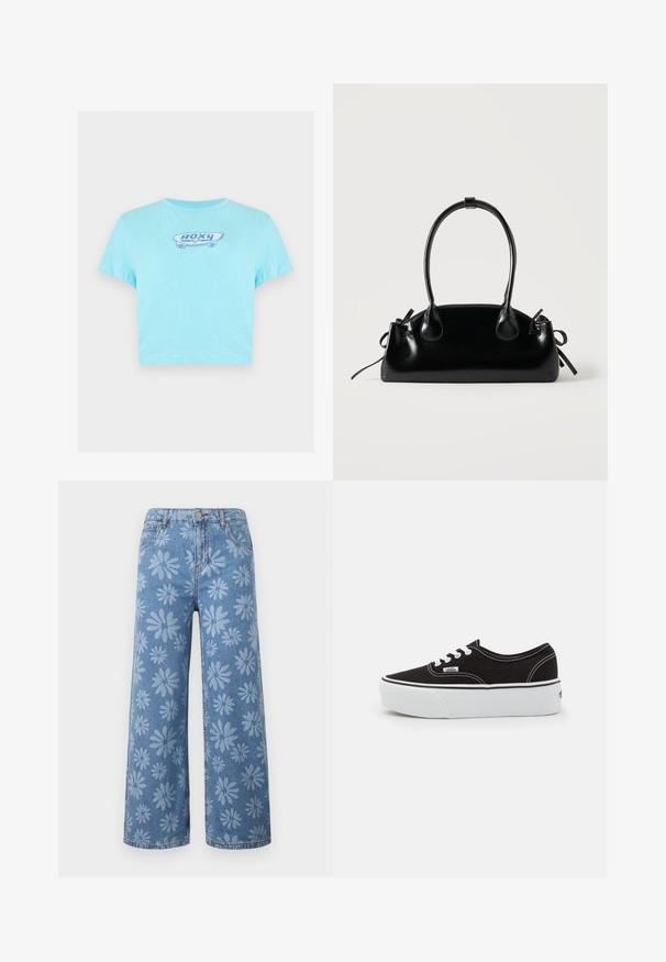 T-shirt court bleu clair avec un petit motif skateboard et le texte "ROXY" centré sur la poitrine.; Jean en denim bleu à jambes larges avec un motif floral de marguerites bleu clair, poches avant, passants pour ceinture et fermeture par bouton.; Baskets en toile noires avec une semelle en caoutchouc blanc, dotées de lacets et de coutures blanches, marquage emblématique sur le côté, design basse.; Petit sac à main noir brillant avec deux longues anses et des détails à cordon sur les côtés sur un fond clair uni.