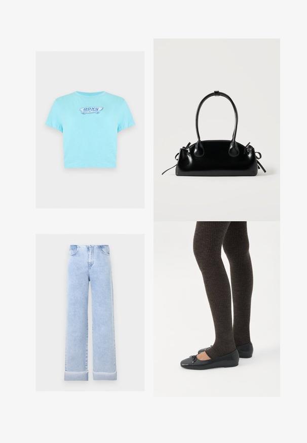 T-shirt court bleu clair avec un petit motif skateboard et le texte "ROXY" centré sur la poitrine.; Jean large bleu clair avec revers roulés et poches avant, présenté sur un fond gris clair uni.; Jambes portant des leggings côtelés foncés associés à des ballerines noires avec de petits détails en nœud sur fond blanc.; Petit sac à main noir brillant avec deux longues anses et des détails à cordon sur les côtés sur un fond clair uni.
