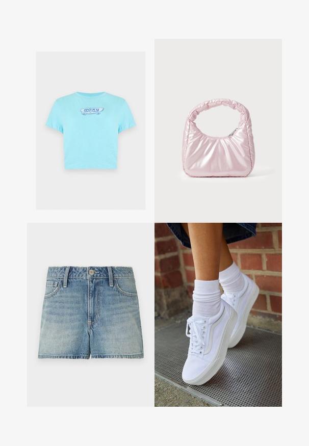 T-shirt court bleu clair avec un petit motif skateboard et le texte "ROXY" centré sur la poitrine.; Shorts en denim bleu clair avec bouton à l'avant, fermeture éclair, passants de ceinture et poches avant, posés à plat sur un fond blanc.; Baskets en toile blanches avec semelles en caoutchouc, dotées de six œillets, d'un bout rond et de détails de couture légers, portées avec des chaussettes blanches mi-mollet.; Sac à main rose rembourré avec un design arrondi, fabriqué à partir d'un matériau brillant. Dispose d'une poignée froncée et d'une fermeture éclair pour un accès sécurisé.