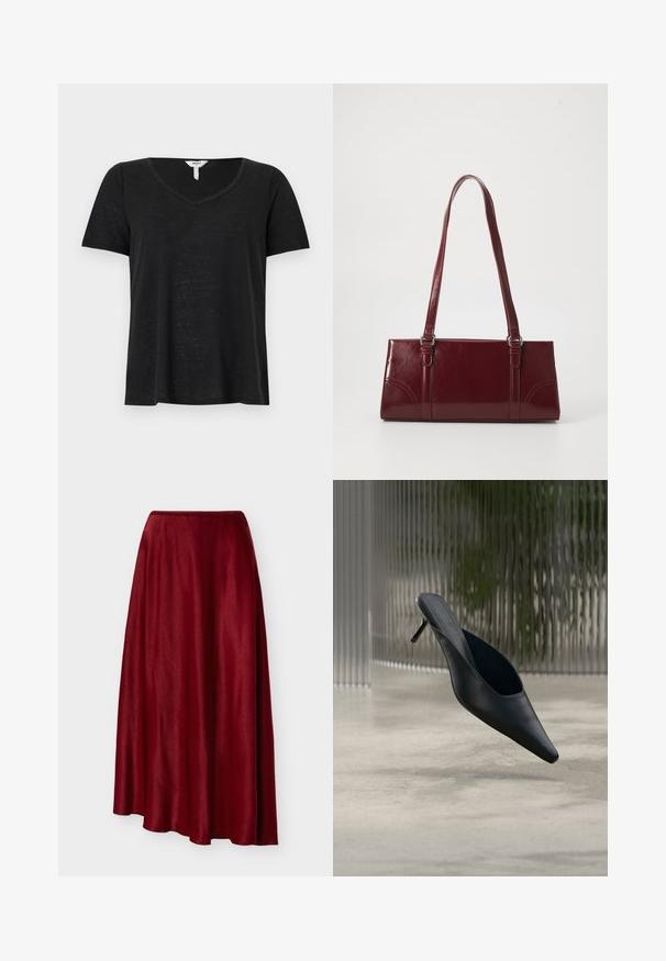 T-shirt noir à manches courtes avec un col en V. Fabriqué en tissu léger, il présente une coupe légèrement décontractée sans motifs ni accents visibles.; Jupe longue en satin rouge foncé, fluide, avec un ourlet asymétrique et une texture lisse, présentée sur un fond clair uni.; Mule noire à bout pointu avec un talon fin et haut flottant au-dessus d'un sol en béton lisse, avec un arrière-plan flou à rayures verticales.; Sac à main bordeaux en matériau brillant, de forme rectangulaire, avec deux anses et des accents légèrement courbés à l'avant.