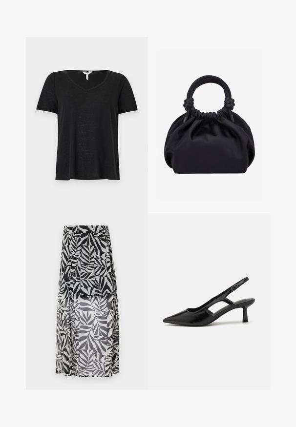 T-shirt noir à manches courtes avec un col en V. Fabriqué en tissu léger, il présente une coupe légèrement décontractée sans motifs ni accents visibles.; Jupe maxi transparente noir et blanc avec un motif de feuilles, dotée d'une taille à cordon de serrage et de fentes sur les côtés pour plus de mouvement et de style.; Escarpins noirs à talon ouvert avec un embout pointu, fabriqués en matériau brillant, présentant des accents découpés et un talon modéré pour un bon soutien.; Sac à main en tissu noir doux avec haut froncé et poignées circulaires rembourrées nouées de chaque côté.