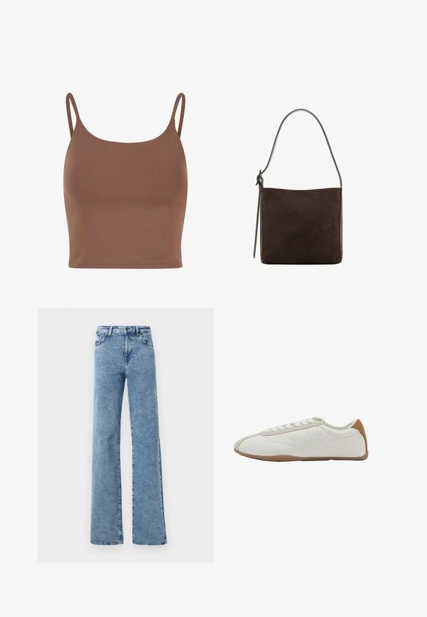 Hnedý crop top vyrobený z hladkej látky s tenkými, nastaviteľnými ramienkami. Má zaoblený výstrih a priliehavý strih.; Noisy May Straight fit NMYOLANDA - Široké nohavice - medium blue denim; Biele nízkoprofilové tenisky s béžovými semišovými detailmi, šnurovaním a hnedou gumovou podrážkou, zobrazené z vonkajšej strany na bielom pozadí.; Tmavohnedá semišová kabelka cez rameno s jedným remienkom a štíhlym dekoratívnym viazaním na ľavej strane na bielom pozadí.