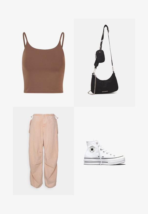 Bruine crop top van gladde stof met dunne, verstelbare schouderbanden. Heeft een ronde halslijn en een aansluitende silhoutte.; BDG Urban Outfitters BAGGY CARGO - Relaxed fit jeans - acid pink; Witte hoge Converse Chuck Taylor All Star sneaker met zwart logopatch en witte veters, weergegeven op een witte achtergrond.; Zwarte nylon schoudertas met een gebogen vorm, zilveren kettingaccent, afneembaar mini-zakje en verstelbare schouderband; voorzien van het "Steve Madden" logo.