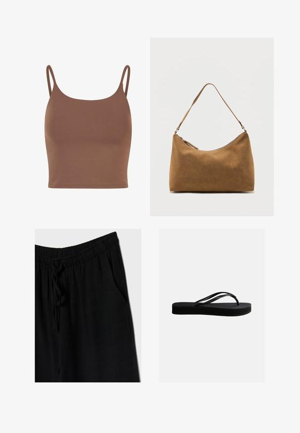 Bruine crop top van gladde stof met dunne, verstelbare schouderbanden. Heeft een ronde halslijn en een aansluitende silhoutte.; Zwarte broek met een elastische tailleband en trekkoord, met een losse fit en zijzakken. Het materiaal lijkt zacht en lichtgewicht te zijn.; Zwarte rubberen teenslipper met gestructureerd zool en Y-vormige band, zijaanzicht op een effen lichte achtergrond.; Bruine suède schoudertas met een enkele band en een ritssluiting aan de bovenkant, gepresenteerd tegen een effen witte achtergrond.