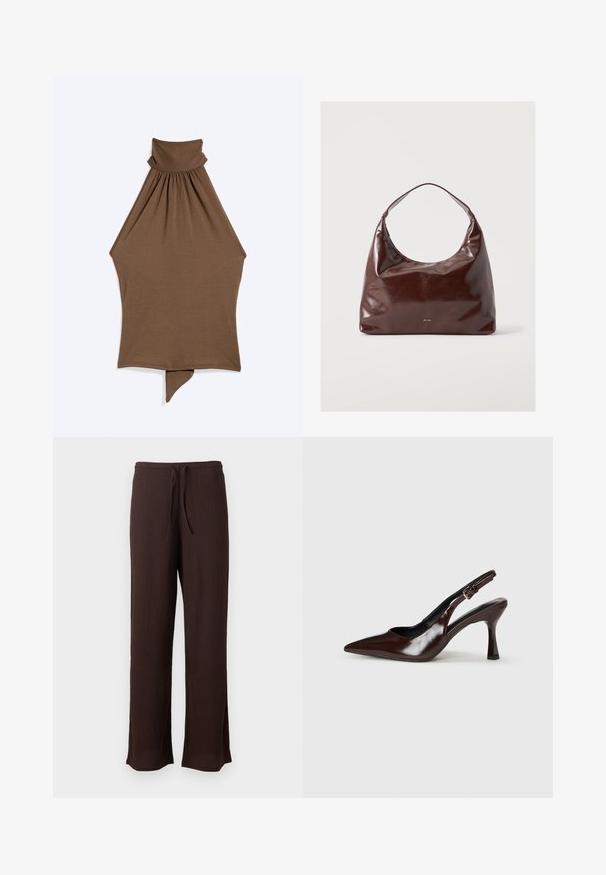 Sleeveless brown halter neck top with gathered high collar and asymmetric pointed hem hanging flat on a white background.; Dark brown textured wide-leg pants with elastic waistband and drawstring, displayed against a plain light background.; Brown patent leather slingback heels with a pointed toe, a thin heel, and adjustable strap featuring a small buckle.; Dark brown glossy leather shoulder bag with a single strap and small gold "RAID" logo on front center.