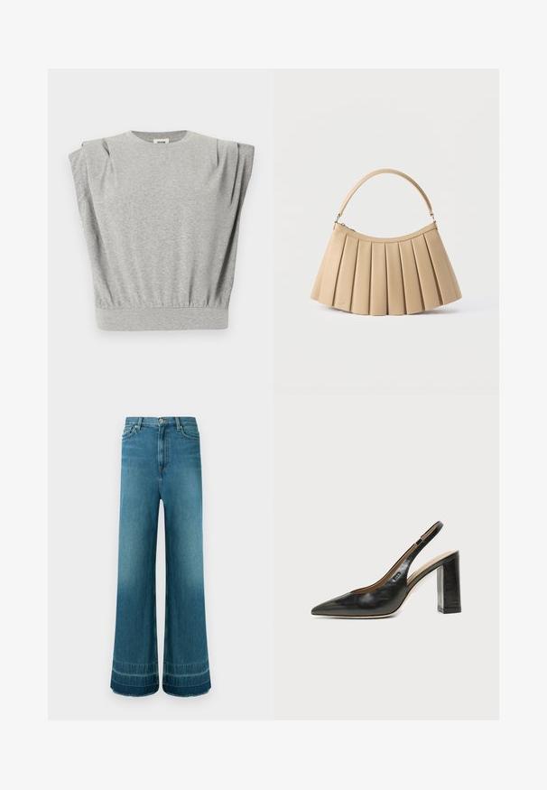 Sweat-shirt gris avec manches courtes bouffantes, encolure ronde et ourlet froncé à la taille. Matière douce en mélange de coton.; Jean denim bleu taille haute à jambes larges, cinq poches, fermeture à boutons et légère décoloration près des ourlets.; Chaussure slingback en cuir noir à bout pointu avec un talon bloc haut et une doublure intérieure beige sur un fond clair uni.; Sac à main plissé beige avec fermeture éclair incurvée en haut et poignée arquée simple, présenté sur un fond blanc.