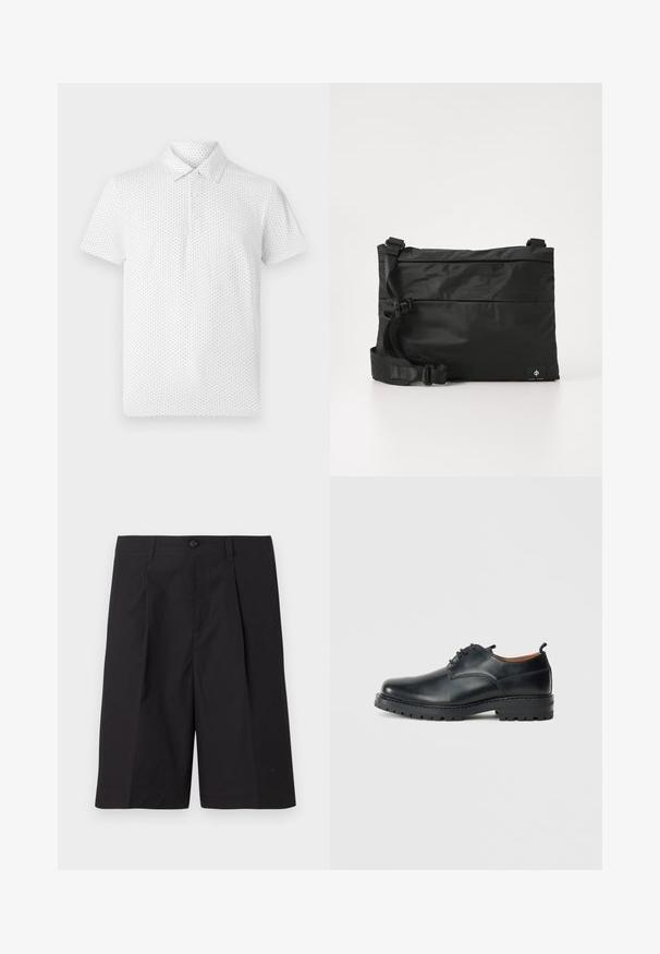 Polo shirt blanc à manches courtes arborant un petit motif géométrique, trois boutons sur le col et une coupe classique. Fabriqué en tissu respirant.; Shorts noirs ajustés en tissu léger, avec des plis, une fermeture à bouton et un ourlet droit. Texture lisse et sans motifs visibles.; Chaussures derby en cuir noir avec une texture lisse, bout rond, design à lacets et une semelle en caoutchouc épaisse et robuste.; Sac messager en nylon noir avec une sangle réglable, un design plat et une étiquette latérale arborant un logo. Texture lisse et style minimaliste.