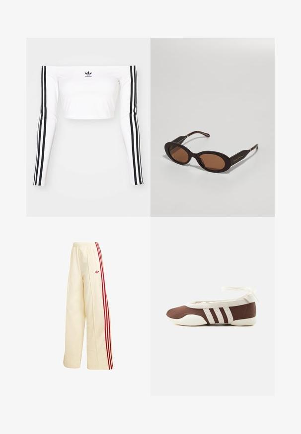 Valkoinen pitkä hiha off-shoulder crop-top venyvässä kankaassa. Ominaisuuksiin kuuluu mustat kolmonauha-akkentit hihoissa ja pieni musta logo rinnassa.; Kermanväriset leveälahkeiset verkkarit, joissa punaiset sivuraidat, joustava vyötärö, vetoketjutasku ja punainen Adidas-logo reidessä.; Ruskea ja valkoinen balettikenkiä, joissa on kolme valkoista raitaa ja nilkkasolmulla varustettu nauha, yksinkertaisella vaalealla taustalla.; Giorgio Armani Aurinkolasit - brown