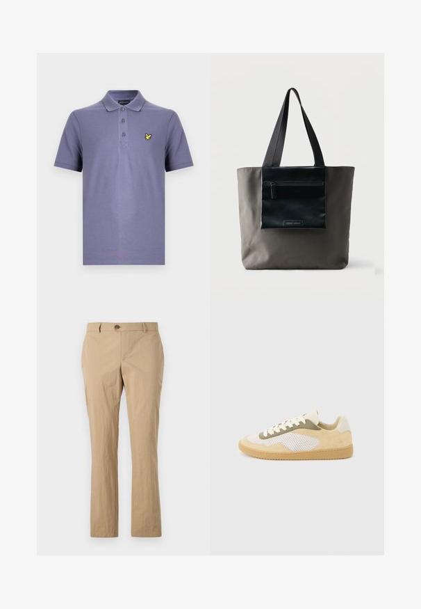 Camisa tipo polo púrpura con una tapeta de tres botones, mangas cortas y un pequeño logo de un pájaro amarillo en el lado izquierdo del pecho. Tejido de mezcla de algodón.; Pantalones de algodón beige con un diseño de pierna recta, que presentan un cierre de botón, trabillas para cinturón y una textura suave. Sin patrones visibles.; Zapatilla baja con ante beige, paneles de malla blanca, detalles en oliva, cordones blancos y suela de goma color caramelo sobre un fondo gris claro.; Bolso tote gris con bolsillo delantero con cremallera negra y asas negras sobre fondo liso.