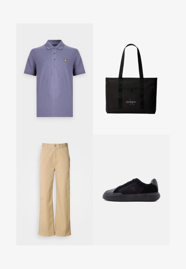 Paarse poloshirt met een knoopsluiting met drie knopen, korte mouwen en een klein geel vogel-logo op de linkerborst. Gemaakt van een katoenblend.; Beige, wijde broek gemaakt van een katoenmix. Voorzien van een knoopsluiting en riemlussen. Soepele textuur, met minimale stikseldetails.; Zwarte lage sneaker met dikke zool, veters aan de voorkant en een subtiel "cK"-logo op het zijpaneel.; Zwarte Calvin Klein totebag met twee lange handvatten en een voorvak, met het logo van het merk in wit en grijs.