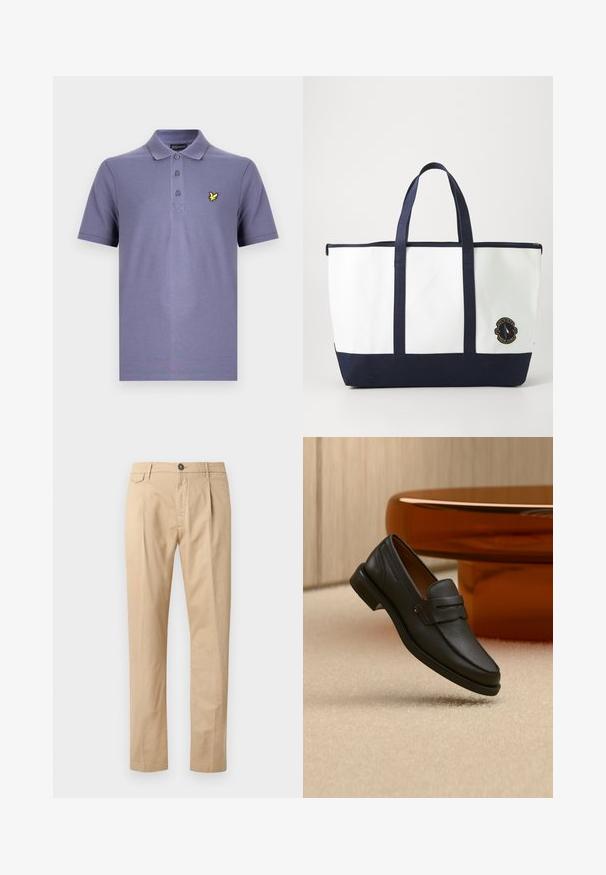 Lilla poloshirt med tre-knaps lukning, korte ærmer og et lille gult fuglelogo på venstre bryst. Bomuldsblanding.; Herre lige ben beige bomuldsbukser med frontlommer, bæltestropper, knaplukning og lynlås foran på en hvid baggrund.; Sort læder herreloafer med bånd tværs over toppen, vist på beige tæppe nær et brunt moderne rundt bord.; Tote bag lavet af hvidt lærred med marineblå accenter. Har to robuste håndtag og et logo-patch på fronten. Firkantet form.