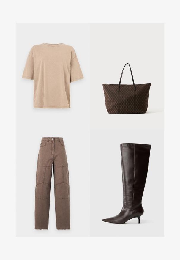 T-shirt beige surdimensionné en coton avec manches courtes, col rond et texture subtile. Ourlet droit sans motifs ni accents visibles.; Pantalon marron taille haute à jambes droites avec des patchs visibles aux genoux, fermeture à boutons sur le devant et poches avant, présenté sur un fond uni.; Botte en cuir marron, hauteur genou, avec un bout pointu et un talon fin. Texture lisse et design élégant, arborant une silhouette minimaliste.; Grand sac cabas marron avec un motif à carreaux et des bretelles noires fines, debout sur un fond clair uni.
