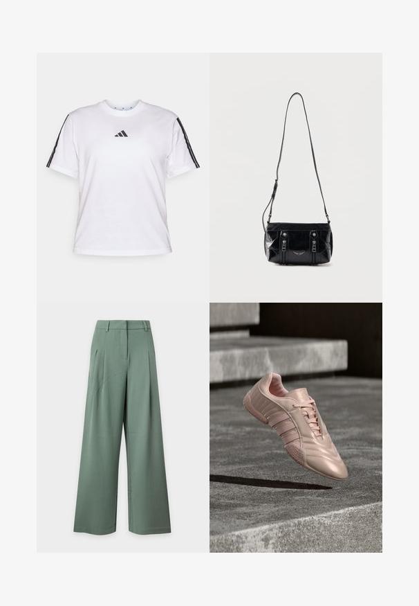 Valge puuvillane T-särk, millel on ümmargune kaelus, lühikesed varrukad ja mustad kolme riba aktsendid õlgadel, koos Adidas'i logoga rinnas.; Kõrge vöökohaga laia säärega püksid tuhmrohelises toonis, millel on vööaugud, küljetaskud ja ees voldid heledal taustal.; Hele roosa spordijalats läikiva viimistlusega, millel on tekstureeritud külgpaneelid ja kummisest tallaga musterdatud haardepind. Toodud kaasa ka paelad.; Must nahast õlakott reguleeritava rihmaga, kahe vertikaalse esilukuga ja väikese metallist tiivaloomingu embleemiga lukukeste all.