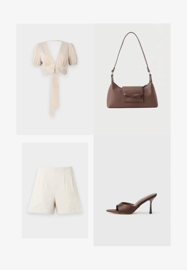 Top court beige avec des manches bouffantes, décolleté en V profond et bordure décorative en œillets à l'ourlet. Comprend une ceinture en tissu nouée. Texture lisse.; Shorts en lin beige taille haute avec plis devant et jambes larges, présentés sur un fond clair uni.; Mule en satin marron à bout ouvert avec un talon fin de hauteur moyenne et une conception à enfiler sur fond blanc uni.; Sac à bandoulière en cuir marron avec une poche à rabat avant ornée d'un détail en forme de nœud cousu et une sangle réglable.