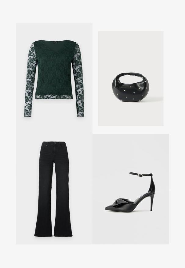 Groene lange mouw top van kant met een bloemmotief; heeft een V-hals en een effen stof op het lijfje, met doorzichtige kanten mouwen.; Zwarte hoge taille flared jeans met voorkruiszakken, riemlussen en knoopsluiting tegen een witte achtergrond.; Zwarte hoge hak schoen met een spitse neus, satijnen strikaccent en een verstelbare enkelriem met zilverkleurige metalen details. Gladde leren textuur.; Zwarte leren handtas met een afgeronde vorm, versierd met zilveren studs, en een korte handgreep. Gladde textuur en ritsluiting.