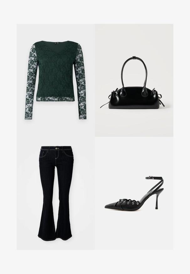Groene lange mouw top van kant met een bloemmotief; heeft een V-hals en een effen stof op het lijfje, met doorzichtige kanten mouwen.; Flared donkergewassen jeans met een hoge taille, voor- en achterzakken, en contrasterende gele stiksels op de naden.; Zwarte pumps met hoge hak en spitse neus, gegolfde randen, metalen oogjes, vetergespsluiting aan de voorzijde en enkelriem met gespsluiting.; Kleine zwarte glanzende handtas met twee lange hengsels en zijkant trekkoord details op een effen lichte achtergrond.