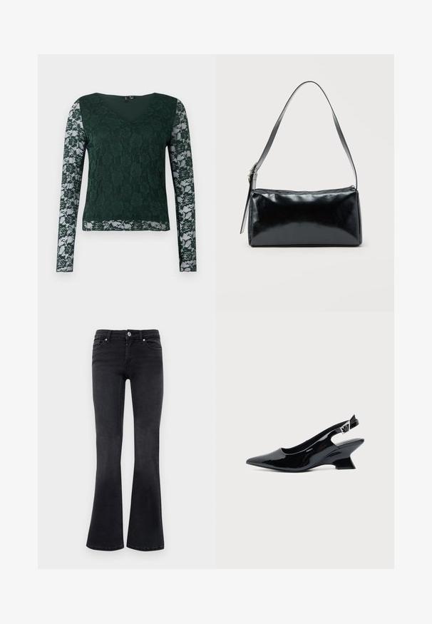Groene lange mouw top van kant met een bloemmotief; heeft een V-hals en een effen stof op het lijfje, met doorzichtige kanten mouwen.; Zwarte denim bootcut jeans met een voorste knop, rits, riemlussen en vijf-pocket ontwerp.; Zwarte lakleren slingback schoen met spitse neus en lage schuine blokhak op een effen lichte achtergrond.; Zwarte rechthoekige schoudertas met een enkele verstelbare band en een bovenste ritssluiting op een effen achtergrond.