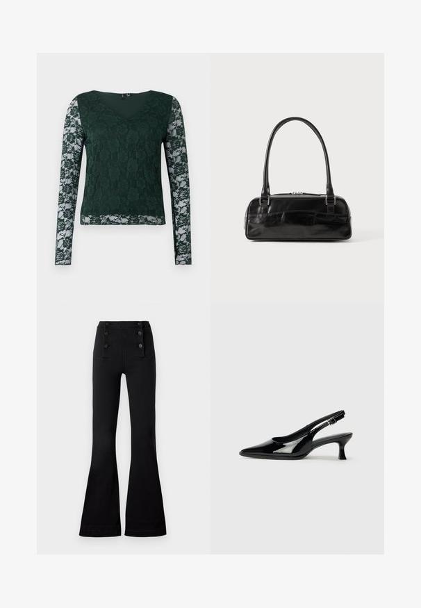 Top verde de manga larga hecho de encaje con un patrón floral; presenta un escote en V y una parte del torso de tela sólida, con mangas de encaje transparente.; Pantalones acampanados negros de mezclilla con una cintura alta, que presentan cuatro botones decorativos en la parte delantera y una textura suave.; Zapatos de charol negro tipo slingback con punta afilada y tacón bajo. Correa ajustable con hebilla en el tobillo.; Bolso de mano de cuero negro con forma rectangular, equipado con un asa estructurada, herrajes en plata y cierre de cremallera. Textura suave.