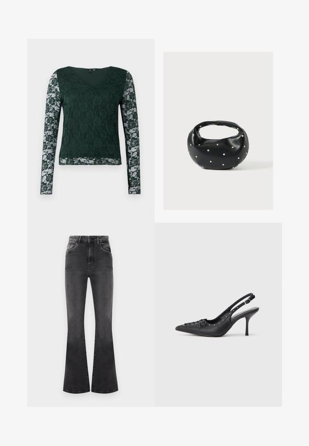 Top verde de manga larga hecho de encaje con un patrón floral; presenta un escote en V y una parte del torso de tela sólida, con mangas de encaje transparente.; Pantalones vaqueros negros acampanados con cintura alta, detalles de costura y cinco bolsillos. La tela tiene una textura suave con un acabado desgastado.; Sandal de tacón stiletto negro de cuero con punta afilada, correa lateral con hebilla, tachuelas a lo largo del borde y cordones decorativos en la parte delantera.; Bolso de mano de cuero negro con forma redondeada, decorado con detalles de tachuelas plateadas y un asa corta. Textura lisa y cierre con cremallera.
