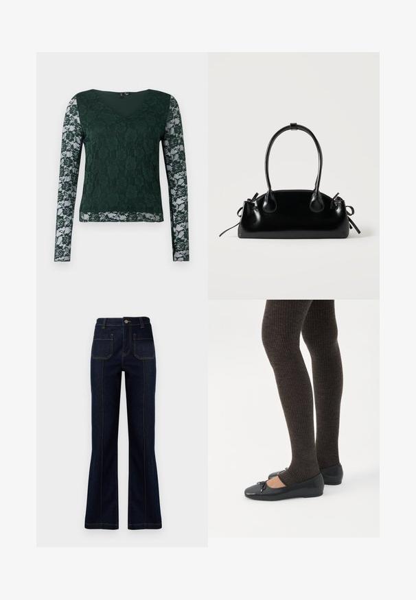 Groene lange mouw top van kant met een bloemmotief; heeft een V-hals en een effen stof op het lijfje, met doorzichtige kanten mouwen.; Donkerblauwe flared jeans van denim, met een hoge taille, twee achterzakken en zichtbare stiksels langs de naden.; Benen met donkere geribbelde leggings gecombineerd met zwarte ballerina's met kleine strikdetails op een witte achtergrond.; Kleine zwarte glanzende handtas met twee lange hengsels en zijkant trekkoord details op een effen lichte achtergrond.