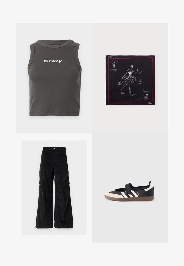 Top court à col rond en ribbed gris, sans manches. Présente le logo "roxy" en blanc à l'avant.; Pantalons cargo en velours côtelé noir avec une coupe large, présentant des côtes verticales texturées, des poches latérales et une fermeture à bouton à la taille.; Baskets noires et beiges avec une bride en velcro, trois bandes blanches sur le côté, et une semelle en caoutchouc marron texturée. Logo de la marque visible.; Foulard carré noir avec bordure rouge présentant des croquis blancs et des notes manuscrites d'une ballerine en tutu et en poses de ballet.