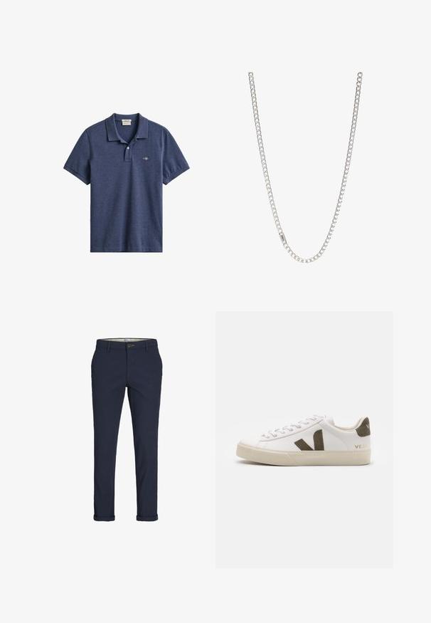 Marineblauw poloshirt met korte mouwen, kraag, twee knoppen aan de voorzijde en een klein geborduurd logo op de linkerborst.; Navy blauwe chino's gemaakt van lichtgewicht katoen. Voorzien van een knoopsluiting, zijzakken en opgerolde manchetten bij de enkels. Klassiek pasvorm ontwerp.; Witte leren sneakers met een lichtbeige rubberen zool. Voorzien van een bruine suède V-logo en hieltab. Gespsluiting met een gestructureerd oppervlak.; Zilveren ketting met in elkaar grijpende schakels, een gladde textuur en een uniforme rechthoekige vorm. Veilige sluiting.