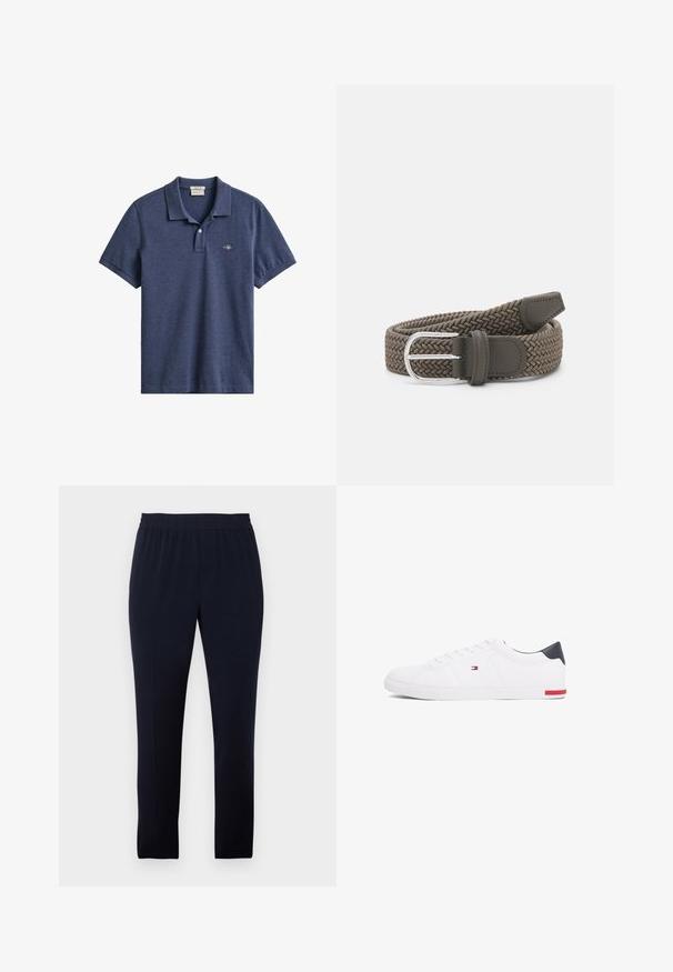 Marineblauw poloshirt met korte mouwen, kraag, twee knoppen aan de voorzijde en een klein geborduurd logo op de linkerborst.; Marineblauwe broek van zacht materiaal, met een elastische tailleband, slim fit en rechte pijpen, zonder zakken of versieringen.; Witte lage sneakers gemaakt van glad leer. Beschikt over een marineblauwe hielkap en een rode accent op de zool. Zes oogjes voor veters.; Geweven riem in olijfgroen met een zilveren metalen gesp. Bevat gladde leren accenten en een flexibele gevlochten ontwerpe voor een verstelbare pasvorm.